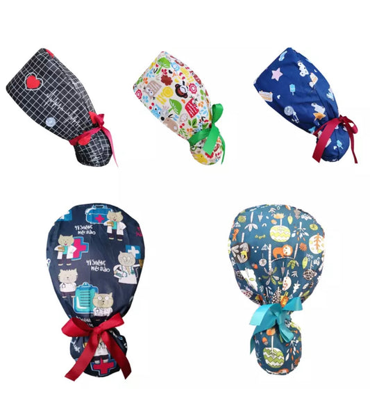 Women Ponytail Holder Nurse Scrub Cap With Ribbon Tie & Button
